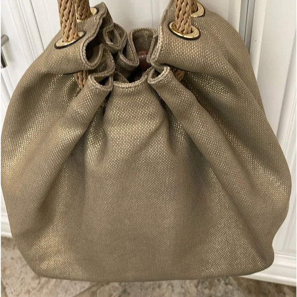 Michael Kors Gold Metallic Marina Large Canvas Drawstring Tote Hobo Bag - Picture 3 of 16